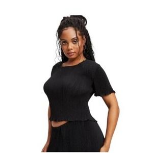 Good American Womens Always Fits Plisse Tshirt Size 1/2 Small Black Stretch